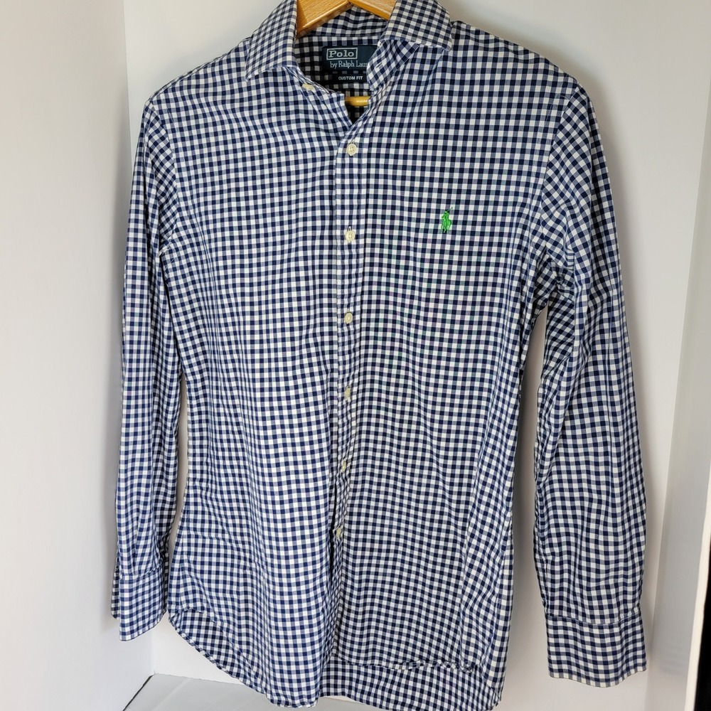 Polo Ralph Lauren Mens Gingham Shirt Navy Blue White Custom Fit 15 32/33 Pony